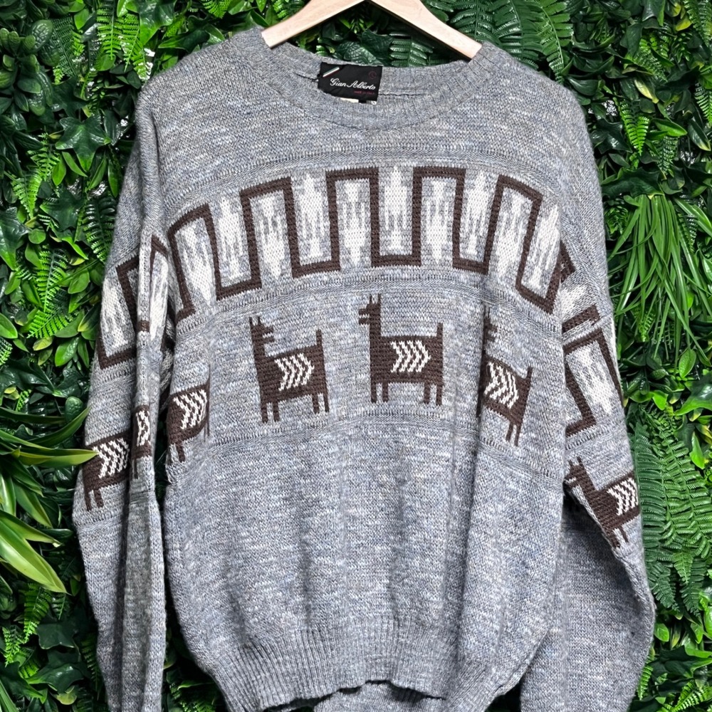 Vintage Gian Alberto Sweater Mens Large Gray Llama Pattern Made in Italy 3342 - Picture 3 of 8